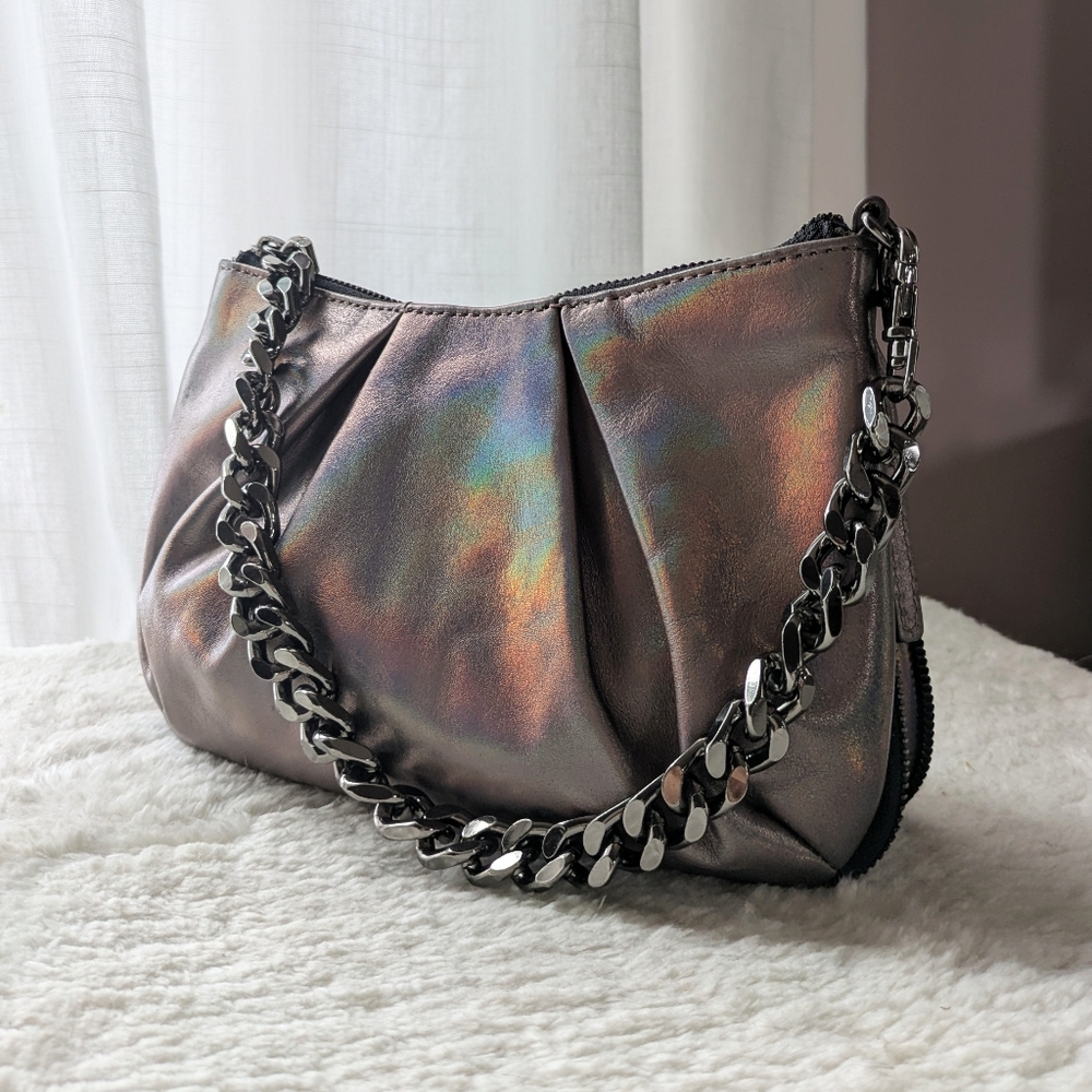 Sharif 1827 Iridescent Leather Expandable Mini Purse Gunmetal Chain